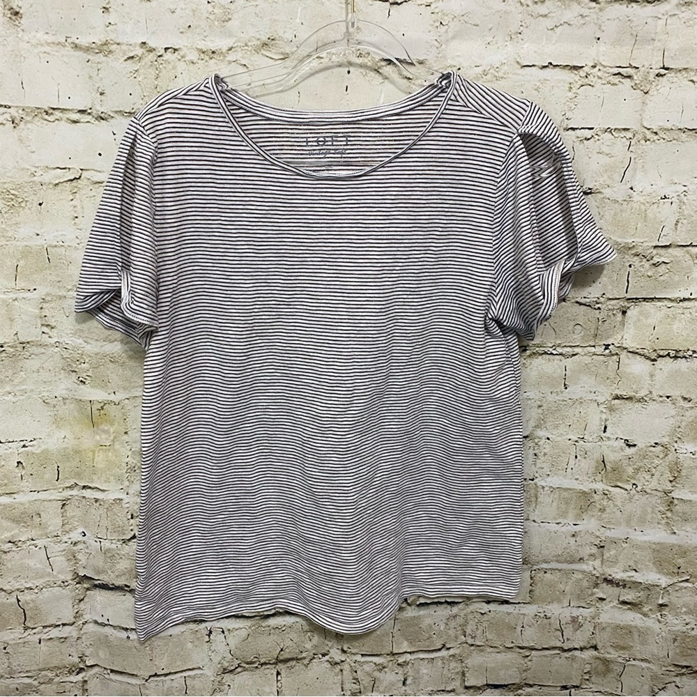 LOFT White Brown Metallic Striped Vintage Wash Open Sleeve Top